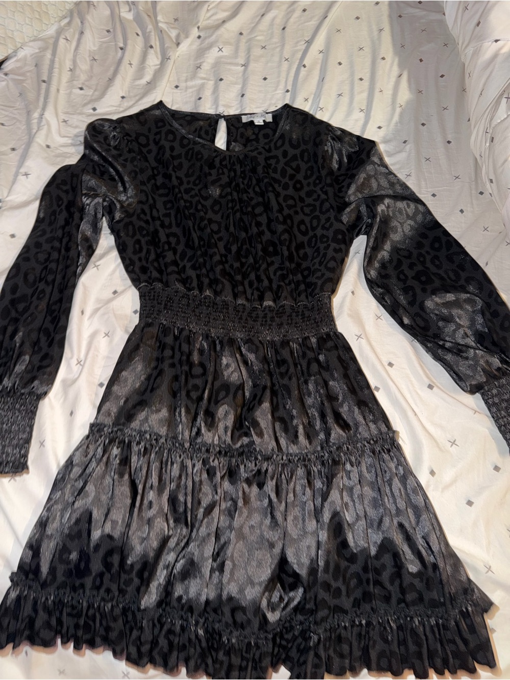 She + Sky Black Leopard-Print Tiered Long-Sleeve Dress